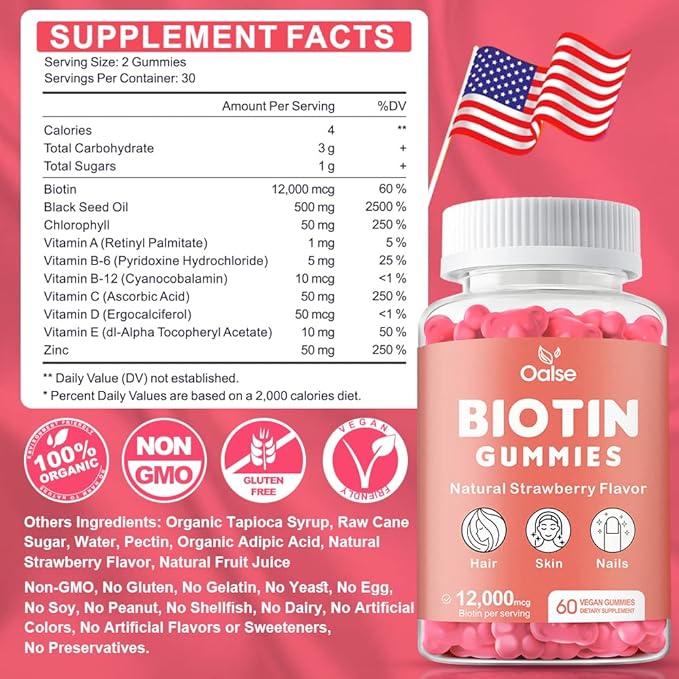 Biotin 12,000mcg Gummies, Hair Skin and Nails Vitamins for Women - Biotin Vitamins with Chlorophyll, Black Seed Oil, Multivitamins & Zinc Support Hair Glowth Immune Health (2-Pack)