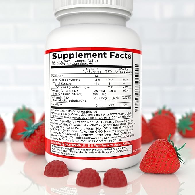Vitamin D3, B12 Gummies by Dr. Danielle, Vegan Daily Supplement for Adults & Kids, Non-GMO, Vitamin D3 1000 IU & 250 mcg Vitamin B12, 2 Month Supply (60 Gummies)
