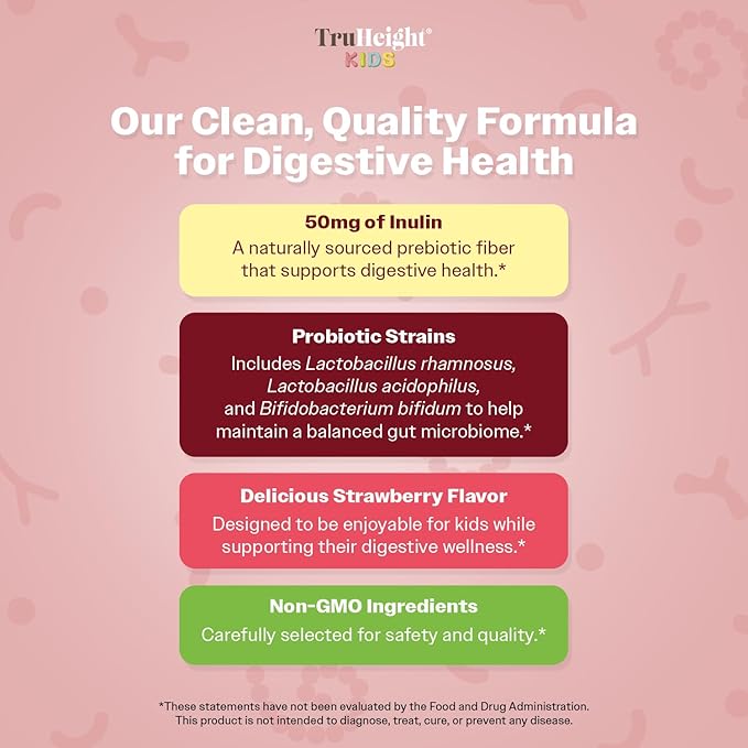 TruHeight Kids Prebiotic & Probiotic Gummies Ages 2+ (Strawberry Flavor) Toddlers & Kids All Natural Supplement for Digestive Health - Endorsed by Pediatricians - Gut & Immune Support, Vegan Vitamins