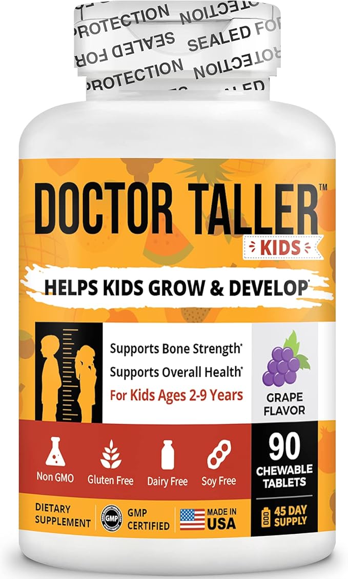 Doctor Taller Kids - Support Height Growth with Multivitamins, Multiminerals, Calcium - Height Growth Formula for Kids Ages 2 to 9 - Grape Flavor - Helps Kids Grow Taller - 6 Pack | 9 Months Supply