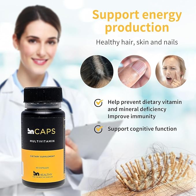 BN Caps - Multivitamin Capsule with 22 Essential Nutrients: Vitamins A, B-6, B-12, C, D3, E, K, Biotin, Iron & Zinc, Supports Men & Women Overall Health, 120 Capsules, 120 Days Supply (2 Pack)