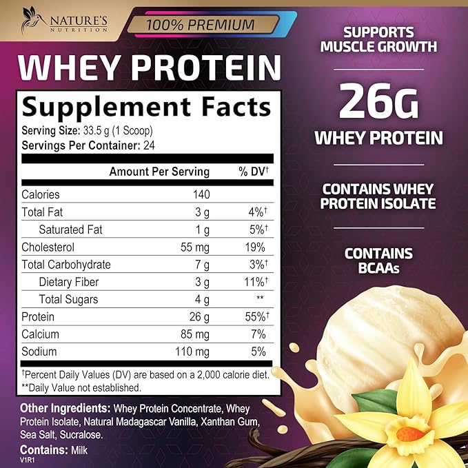 Whey Protein Powder 26g - Whey Isolate Protein for Muscle Growth Support, Vanilla Ice Cream - Premium Whey Powder for Fast Absorbing and Easy Digesting for Men and Women, Gluten Free - 24 Servings