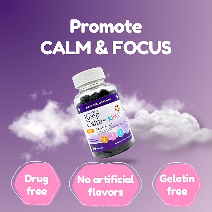 Dr. Klein's Keep Calm Kids Gummies L-Theanine & Chamomile Extract - Supports Focus, Attention, & Alertness of Kids Ages 5+ - Calming Chews Vitamins & Minerals for Kids - Black Currant Sugar-Free 30ct