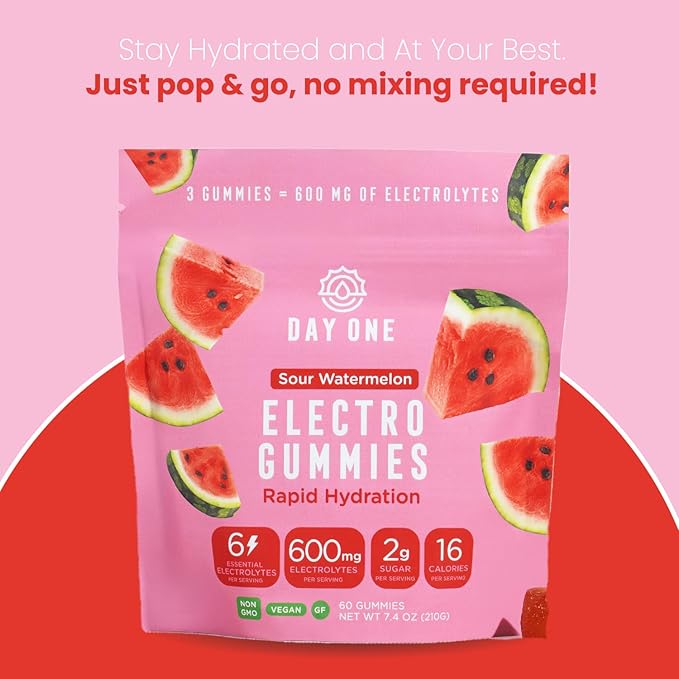 Day One ElectroGummies – Electrolyte Hydration Gummies – Ideal to Boost Hydration & Energy – Supplement for Post & Pre Workout – for Men, Women, Kids – Extra Sour Watermelon Flavored – 60 Gummies
