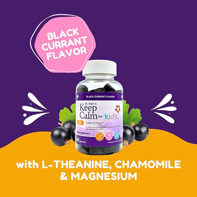 Dr. Klein's Keep Calm Kids Gummies L-Theanine & Chamomile Extract - Supports Focus, Attention, & Alertness of Kids Ages 5+ - Calming Chews Vitamins & Minerals for Kids - Black Currant Sugar-Free 60ct