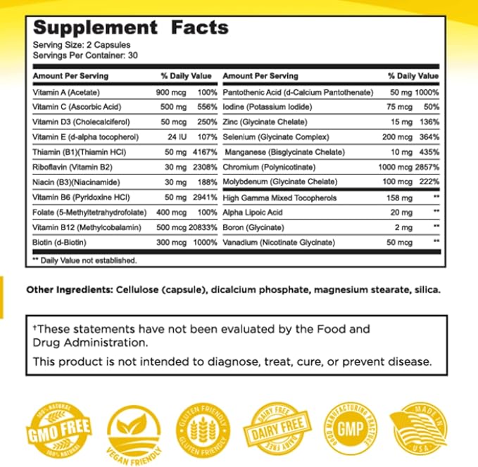 Chelated Daily Multivitamins for Adult Men and Women - Multi Vitamin Supplement with Zinc, Biotin, Iodine, Chromium, Manganese and Vitamins A, B6, B12, C, D and E - 60 Capsules