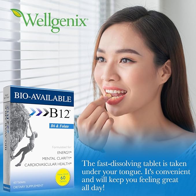 Wellgenix Bio Available Sublingual B12-60ct (2 Pack) - Daily Multivitamins Focus Support Formula w/Vitamins C, B6, B12, Folate & Biotin -Energy & Diet Supplement for Immune & Overall Health