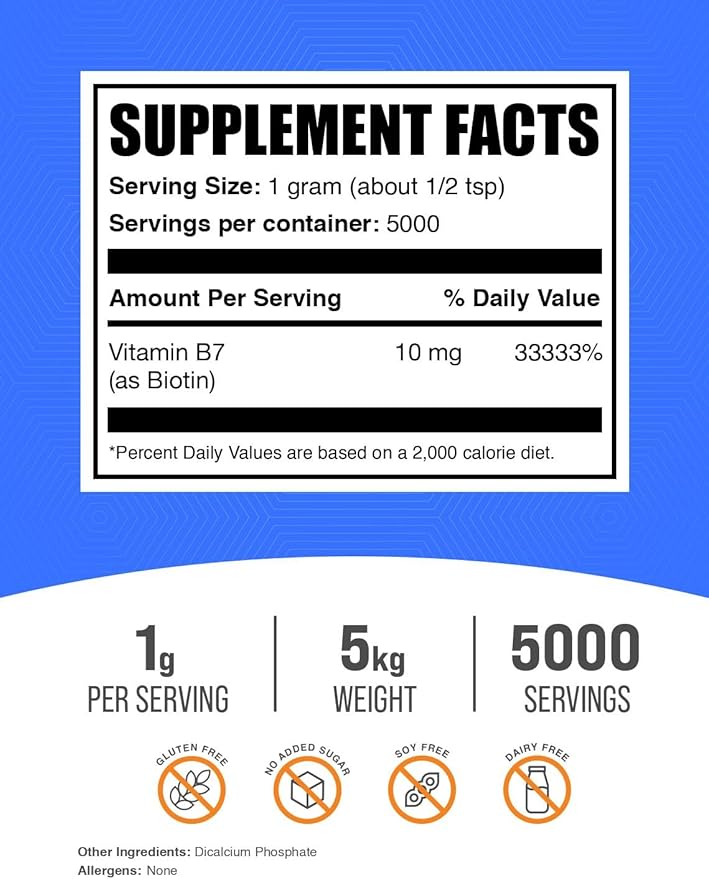 BulkSupplements.com Biotin 10000mcg Powder - Biotin Powder, Biotin Vitamins for Hair, Skin and Nails - as Vitamin B7, Gluten Free, 1000mg per Serving (10mg Biotin), 5kg (11 lbs) (Pack of 5)