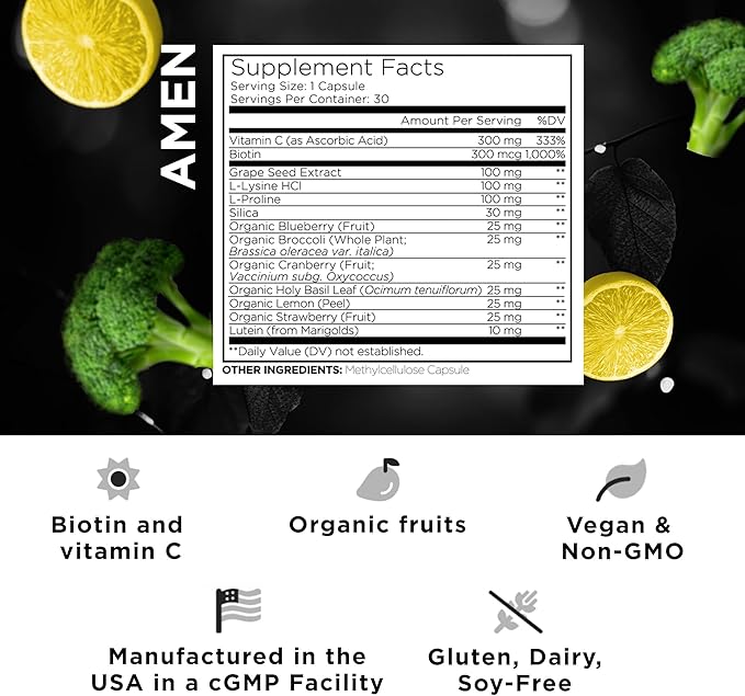 Amen Plant-Based Vegan Collagen Builder Supplement - Organic Whole Foods, Lutein, Vitamin C, Biotin, Lysine, Proline Collagen Boosters - Organic Cranberry, Lemon, Strawberry - Once A Day - 30 Capsules