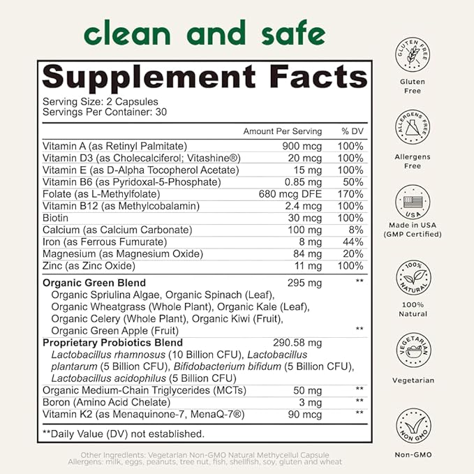 Zenkgo Multivitamins + Organic Whole Foods+Probiotics for Women, Supports Immunity, Digestion, Energy, Gut Health, Vitamins A, E, B6, B12, Vegan D3, K2 (MK-7), Folate, Minerals, Superfoods(60Ct/30Day)