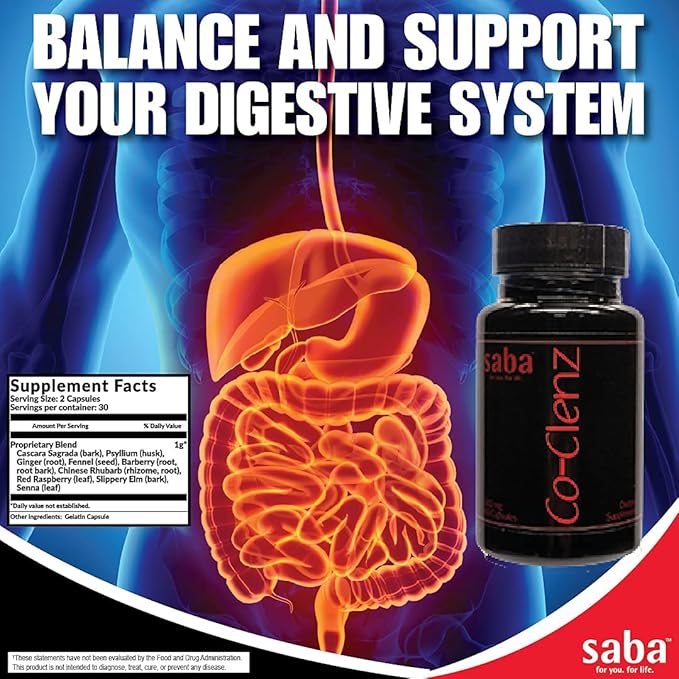 Saba Co-Clenz - 5 Day Cleanse for Men & Women-Supports Healthy Bowel Movements- Detox, Colon Health, Helps Constipation -30 Capsules,