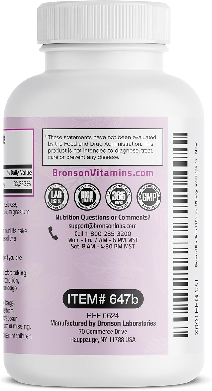 Bronson Ultra Biotin 10,000 Mcg Hair Skin and Nails Supplement, Non-GMO, 120 Vegetarian Capsules