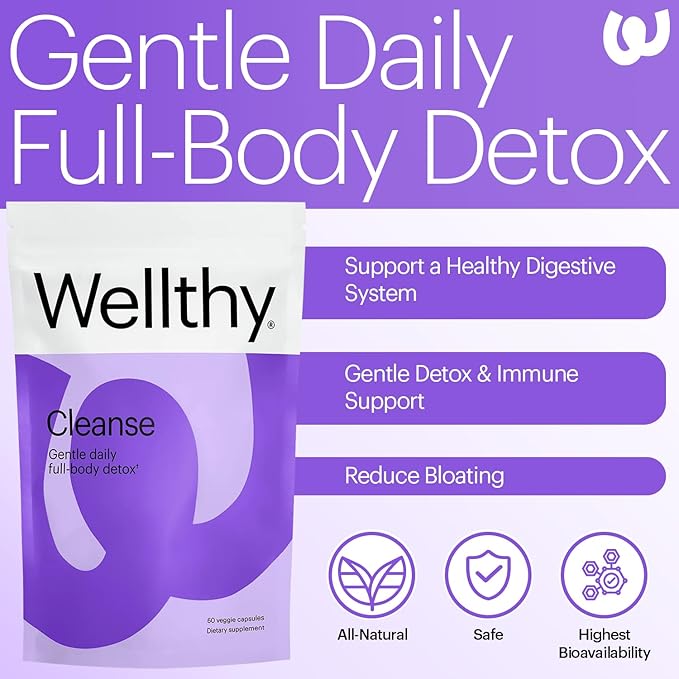 Wellthy Full Body Detox and Immune Support - Advanced Digestive Health, Gut Cleanse and Bloating Relief - All Natural Formula with Milk Thistle, Dandelion Extract and L-Carnitine | 30-Day Supply