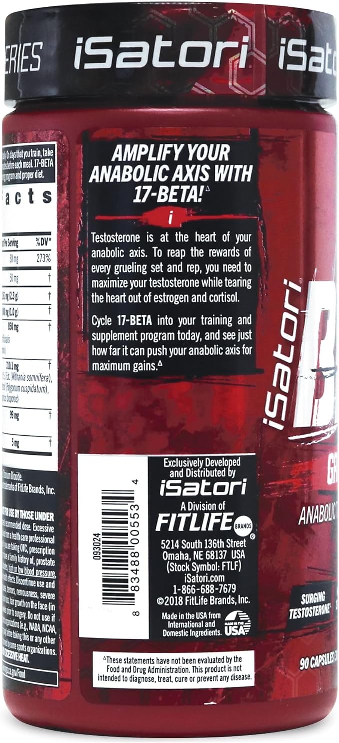 iSatori 17-Beta Anabolic Testosterone Booster, for Muscle Growth, Strength & Stamina, Test Boost Amplifier & Estrogen Blocker for Men with DHEA, Fenugreek Seed Extract, Red Panax Ginseng, 90 Capsules