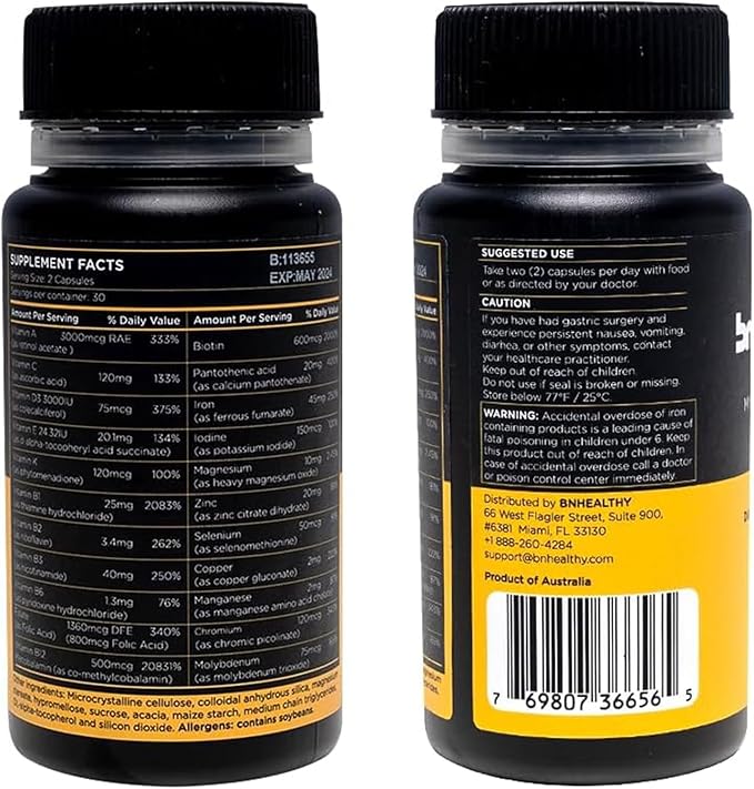BN Caps - Multivitamin Capsule with 22 Essential Nutrients: Vitamins A, B-6, B-12, C, D3, E, K, Biotin, Iron & Zinc, Supports Men & Women Overall Health, 120 Capsules, 120 Days Supply (2 Pack)