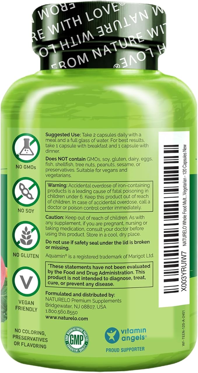 NATURELO Whole Food Multivitamin for Teens - with Vitamins & Minerals for Teenage Boys & Girls - Supplement for Active Kids - Non-GMO - Vegan & Vegetarian - 120 Capsules