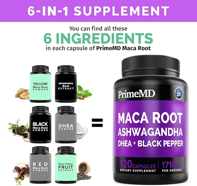 6-in-1 Organic Maca Root & Ashwagandha Capsules 1710mg w/DHEA & Black Pepper Fruit Extract - Maca Root Capsules for Women & Men - Stamina, Bone and Mood Support Supplement,120 Capsules (40 Servings)
