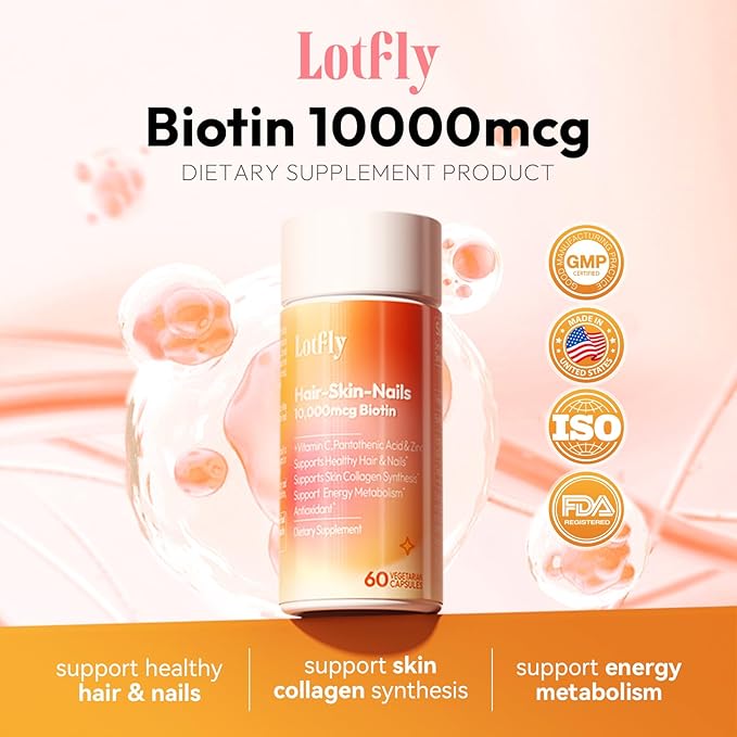 Biotin 10000 mcg with Zinc, Vitamin C & Calcium Pantothenate – Supports Healthy Hair Growth, Strong Nails & Glowing Skin for Women & Men | Made in The USA | 60 Vegan Capsules