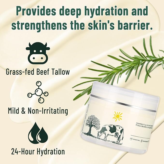 Beef Tallow for Skin, Grass Fed Organic Tallow Balm, Whipped Tallow Face Moisturizer, All-Natural Body Lotion for Dry Skin, Unscented Tallow Cream for Face and Body Care