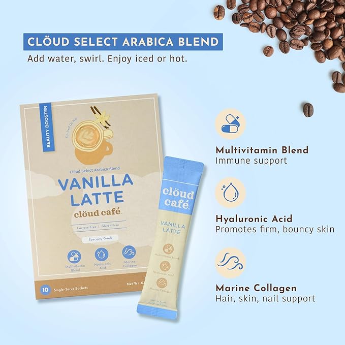 Collagen Infused Vanilla Latte Instant Coffee Packets - Hyalruonic Acid, Multivitamin Powder, & Marine Collagen Single Serve Instant Coffee (10 Sachets)