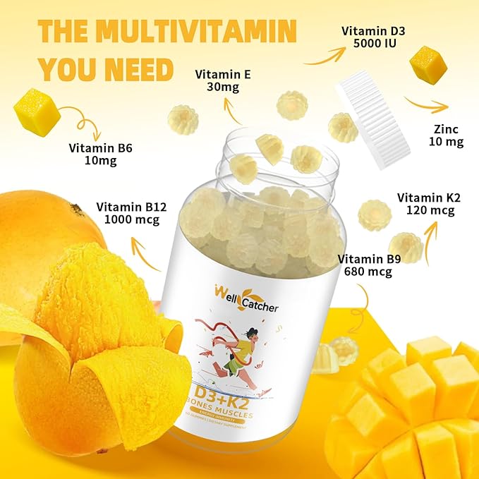 Vitamin D3 K2 Gummies - Vitamin D3 5000IU K2 (MK-7) 120mcg Supplements with Vitamin B Complex Sugar Free for Adults Kids Supports Bone Teeth Strength Immune Mango Flavor 60 Counts 2 Packs