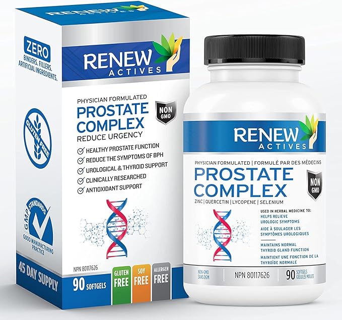 Renew Actives Prostate Complex Supplements – Formula for Prostate, Thyroid, Eye Health & Immune System – Antioxidant Blend for Men’s Wellness – 90 Softgels – Made in Canada