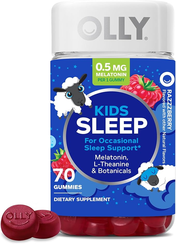 OLLY Kids Sleep Gummies, 0.5mg Melatonin, L Theanine, Chamomile, and Lemon Balm, Fall Asleep Faster, Raspberry - 70 Count