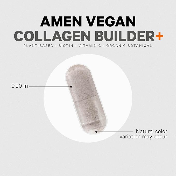 Amen Plant-Based Vegan Collagen Builder Supplement - Organic Whole Foods, Lutein, Vitamin C, Biotin, Lysine, Proline Collagen Boosters - Organic Cranberry, Lemon, Strawberry - Once A Day - 30 Capsules