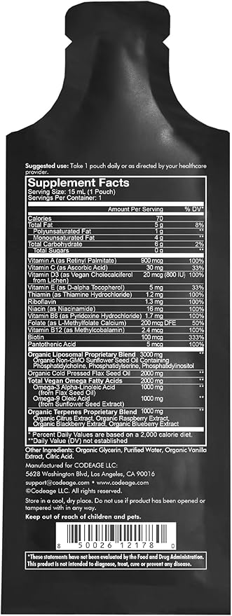 Codeage Daily Men Liquid Vitamins Supplement - Liposomal Multivitamin A, B, C, D, E, Biotin, Omega-3 & Omega-9 - Folate, Niacin, BlackBerry, Vegan - Sugar-Free & Non-GMO - 30 Pouches
