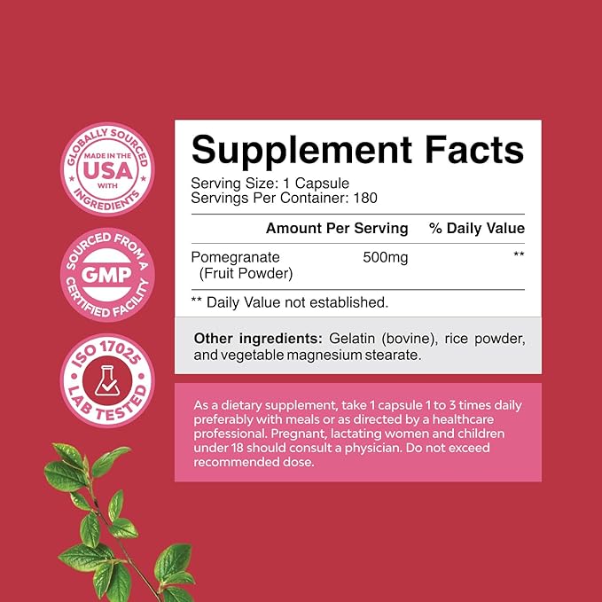 Advanced Antioxidant Superfood Pomegranate Supplement - Natural Pomegranate Extract Polyphenols Supplement for Heart Health and Joint Support - Reds Superfood Powder Capsules for Men and Women 180ct