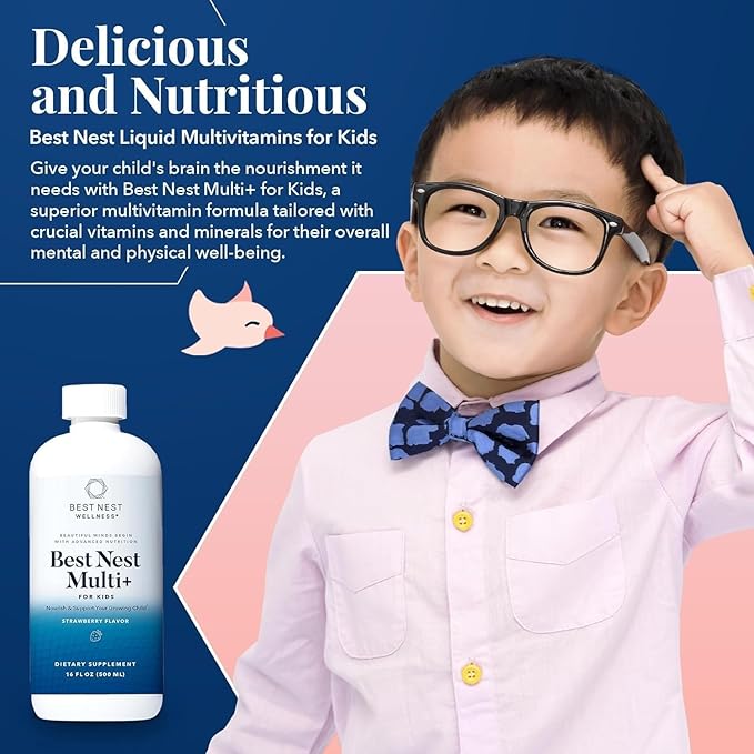 Best Nest Wellness Kids Liquid Multivitamin: Methylated Vitamins, Whole Food, Vegan, B12, Gluten-Free, Non-GMO Methylfolate Daily Liquid Vitamins for Kids with Immune Support -Strawberry Flavor, 16oz