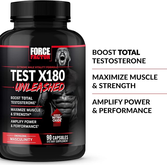 FORCE FACTOR Test X180 Unleashed Testosterone Booster for Men to Build Muscle, Increase Strength, and Improve Performance, Testosterone Supplement for Men’s Health, 90 Capsules