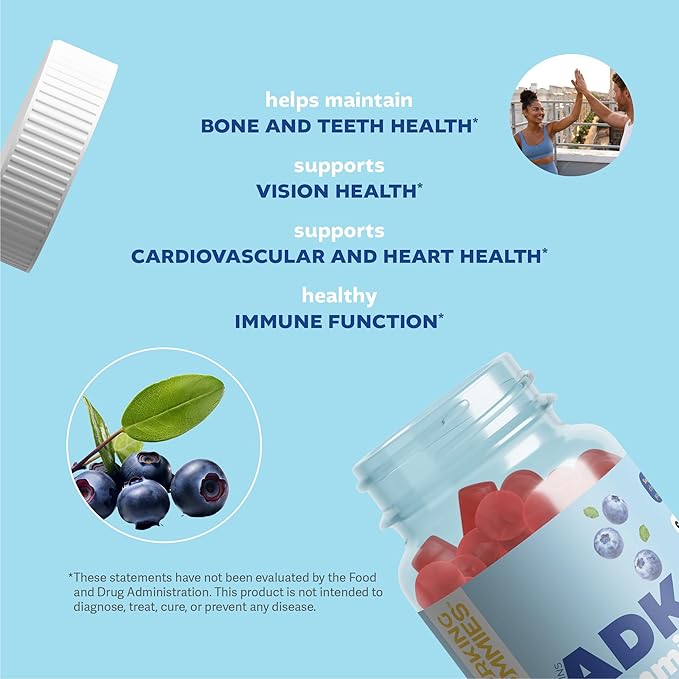 Vitamins ADK Gummies - Vitamin A D3 K2 Supplement - A 3000 iu, D3 5000 iu, K2 500mcg for Immune, Joint, Bone, Heart, Vision Health - Kids, Adults, Women - 60 Count Blueberry Flavor