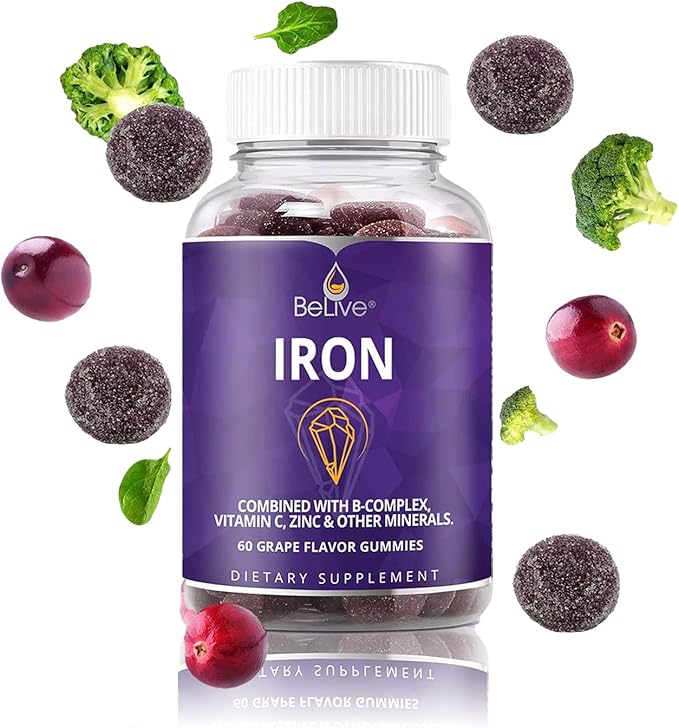 BeLive Iron Gummies - Multivitamin Iron Supplement with Vitamin C, A, B & Zinc, Supports Blood Oxygen, Vegan Iron Supplements for Women, Men & Kids for Growth and Development - Grape Flavor | 5-Pack
