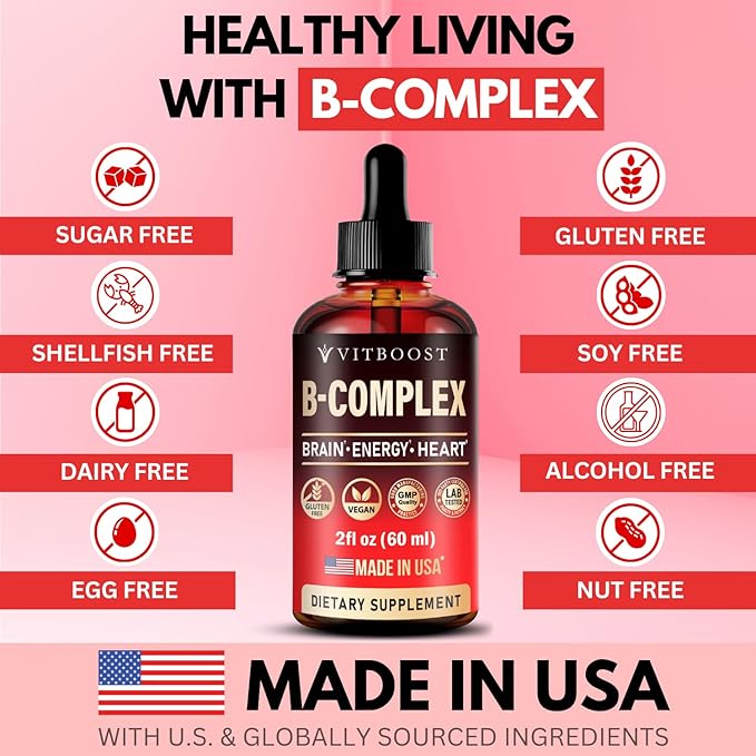 Vitamin B Complex Supplement with 20000 mcg - Extra Strength for Men and Women - Vegan| Raspberry Liquid Drops| USA Made, B1, B2, B3, B5, B6, Biotin, Folic Acid & B12 Methylcobalamin | 4 Months Supply