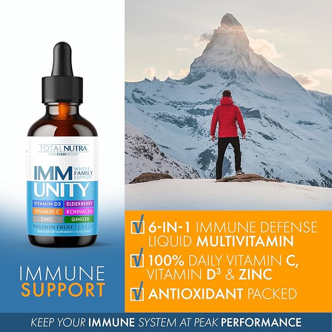 6-in-1 Liquid Multivitamin Supplement | 100% Daily Zinc, Vitamin D3 and Vitamin C Immunity Drops | Elderberry, Echinacea & Ginger Defense Support for Adults & Kids (Passion Fruit, 4oz-4pk)