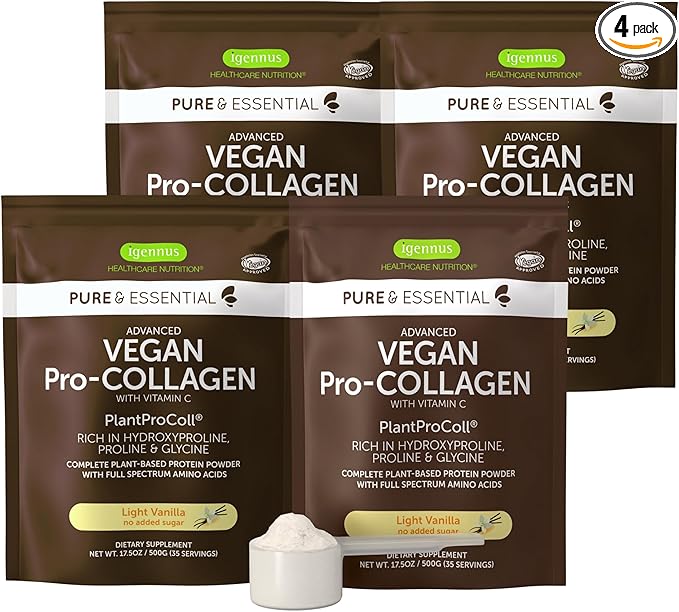 Advanced Vegan Vanilla Collagen Peptide Powder, Enhanced with Glycine, Proline & Hydroxyproline & Cofactor Vitamin C, Non GMO, Vegetarian Plant Based Collagen Powder Booster, 140 Servings, by Igennus