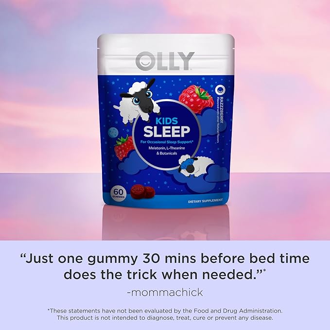 OLLY Kids Sleep Gummy, 0.5mg Melatonin, L Theanine, Chamomile, and Lemon Balm, Childrens Chewable Supplement, Occasional Sleep Support, Raspberry - 60 Count (Packaging may vary)