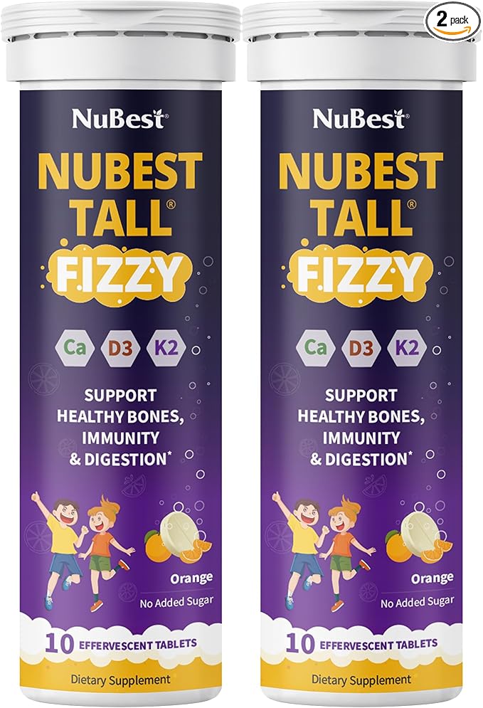 NuBest Tall Fizzy - Bone Strength, Immunity, Digestive Health for Kids & Teens | Probiotic, Calcium, Magnesium from Red Marine Algae, Vitamin D3, K2 & Zinc | 20 Orange Effervescent Tablets - Ages 4+