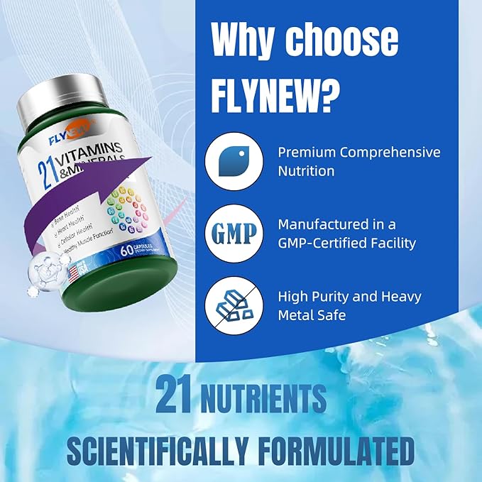 21 Vitamins &Minerals, All-in-One Support, Magnesium for Women and Men Made in USA, Vitamin A, Vitamin C, Vitamin K2, Vitamin D3, Vitamin E, Vitamin B12, B6, Folate, Biotin, 60 Capsules