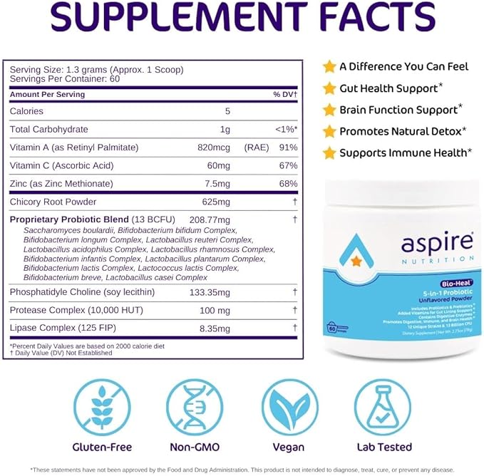 5-in-1 Bio-Heal® Probiotic for Kids, Men & Women - Best Supplement for Brain Function, Gut Health & Constipation - Shelf Stable & Fortified with Vitamin, Mineral & Prebiotics - Powder