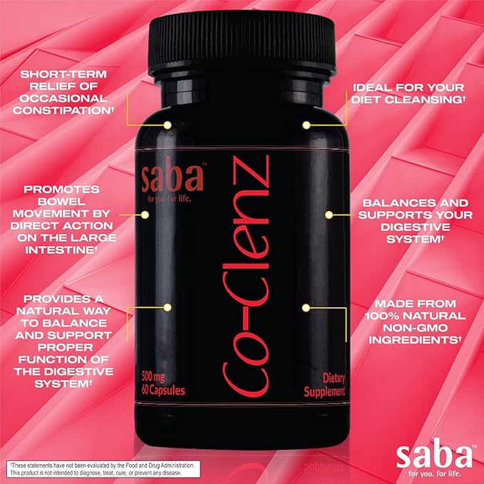Saba Co-Clenz - 5 Day Cleanse for Men & Women-Supports Healthy Bowel Movements- Detox, Colon Health, Helps Constipation -30 Capsules,