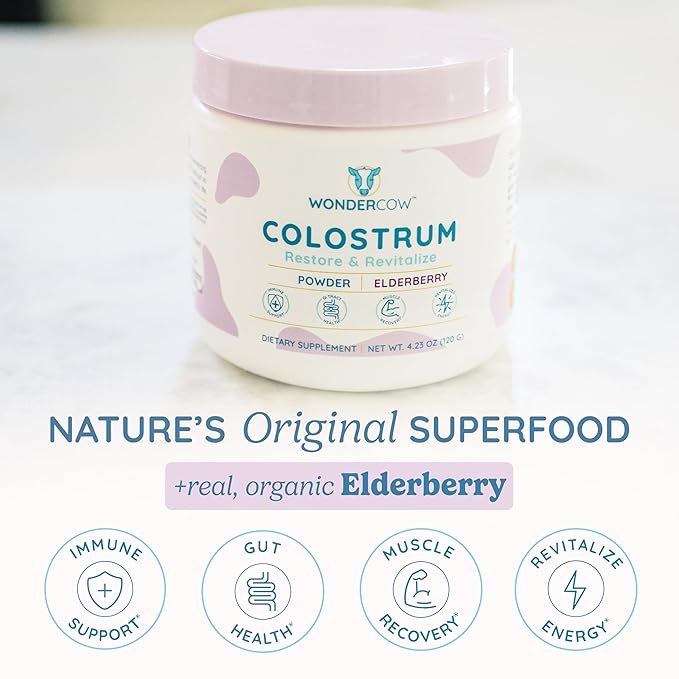 WONDERCOW Colostrum Supplement Powder for Gut Health, Immune Support, Muscle Recovery & Wellness | Natural IgG Pure Whole Bovine Colostrum Superfood, Elderberry, 60 Servings