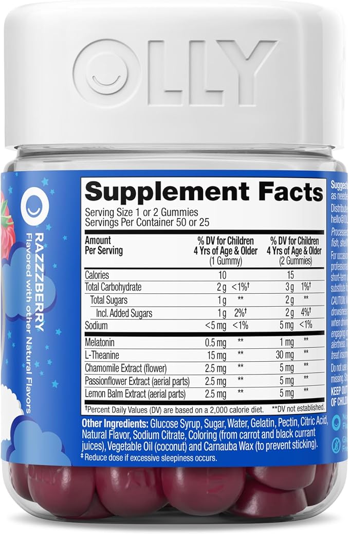 OLLY Kids Sleep Gummy, Occasional Sleep Support, 0.5mg Melatonin, L Theanine, Chamomile, and Lemon Balm, Childrens Chewable Supplement, Raspberry - 50 Count