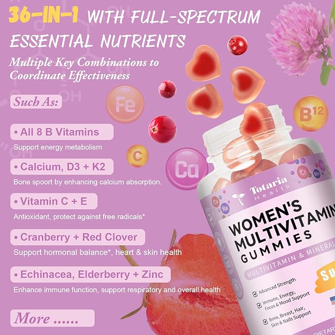 Sugar Free Multivitamin Gummies for Women 14+ w/Inositol, Iron, Folate, Biotin, 30 Day Supply, Vegetarian, Gummy Vitamins for Women | Sugar Free