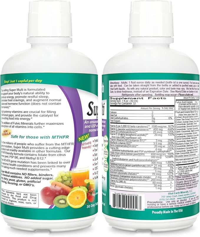 Vital Earth Minerals Super Multi 2-Pack – Liquid Multivitamins for Women, Men & Kids, Liquid Vitamins with Fulvic Acid for Better Absorption, MTHFR Support, 32 Oz Ea + 1 Oz Cup
