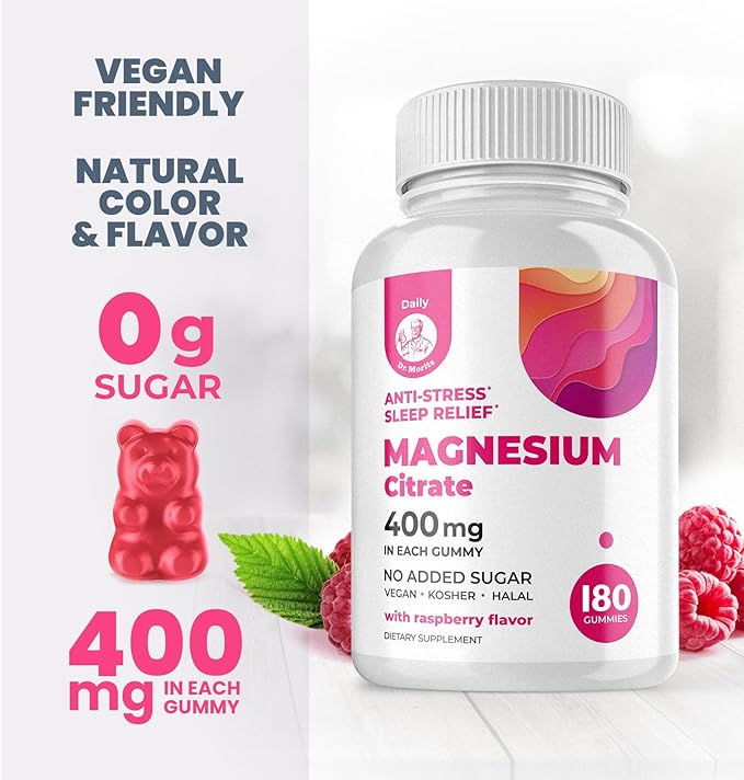 Dr. Moritz Magnesium Gummies for Adults - Low-Sugar Magnesium Gummies 400 mg - Easy to Chew Adult and Kids Magnesium Gummies (180 Count) - Raspberry Flavored Magnesium Citrate Gummies