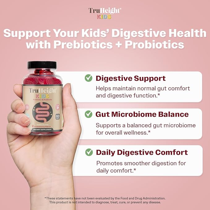 TruHeight Kids Prebiotic & Probiotic Gummies Ages 2+ (Strawberry Flavor) Toddlers & Kids All Natural Supplement for Digestive Health - Endorsed by Pediatricians - Gut & Immune Support, Vegan Vitamins