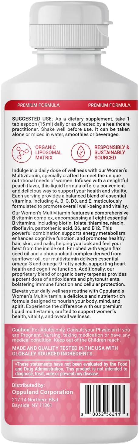 Women’s Multivitamin 450ML of Natural Peach Flavored Supplement Increasing Heart, Memory, and Nervous System, with Omega 3, Liposomal, and 5000MCG of Biotin for Healthy Hair