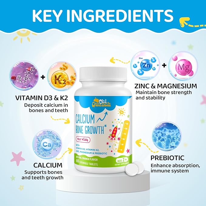 500 MG Calcium Supplement with Vitamin D3 & K2, Zinc, Magnesium & Prebiotics. Kids Vitamins for Kids' Height. Bone Strength, High Absorption, Orange Chewables, Non-GMO, Gluten Free, 60 Tabs